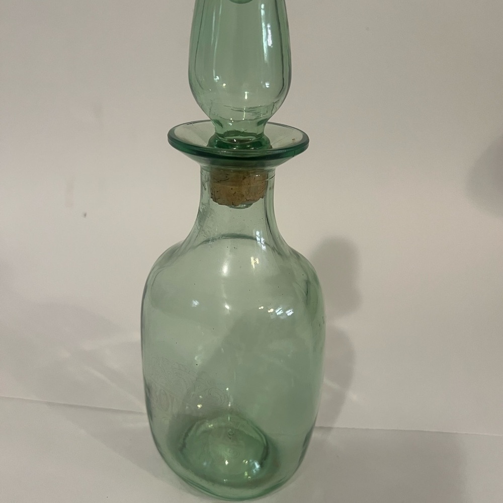 Vintage Green Glass Bourbon Decanter Corked 11 inches